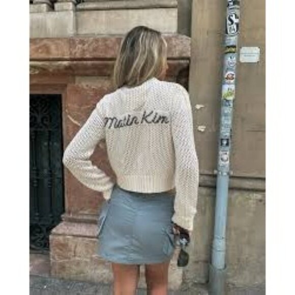 Matin Kim Back Logo Jacquard Knit Zip Up Top in Cream - Picture 2 of 5